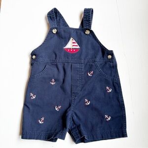 Starting Out Navy Sailor Overalls Shorts with Sailboat and Anchor Embroidery